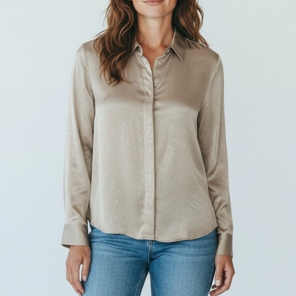 Paperwhite 100% Silk Button Front Blouse Shirt Women’s Size 6 Beige Long Sleeve
